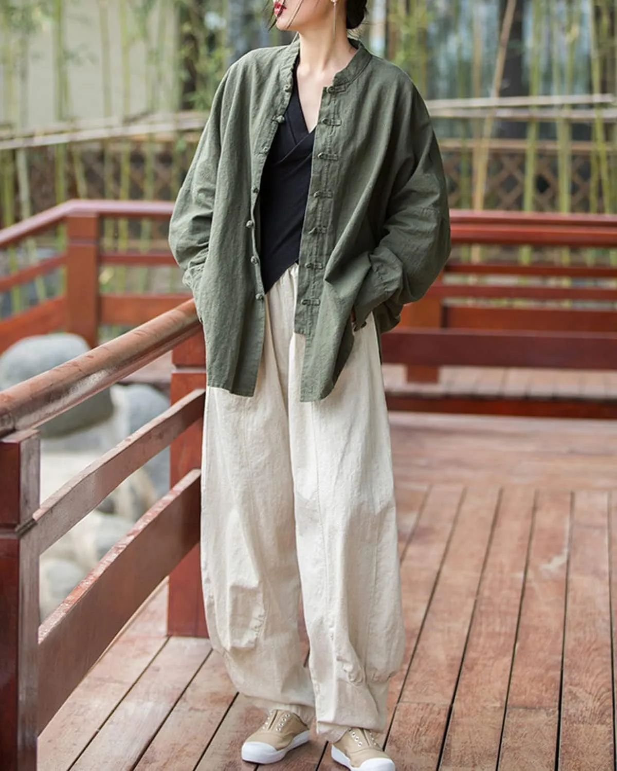 IXIMO Women's Linen Pants Elastic Waist Patchwork Relax Ankle Trousers Front Pockets Army Green S