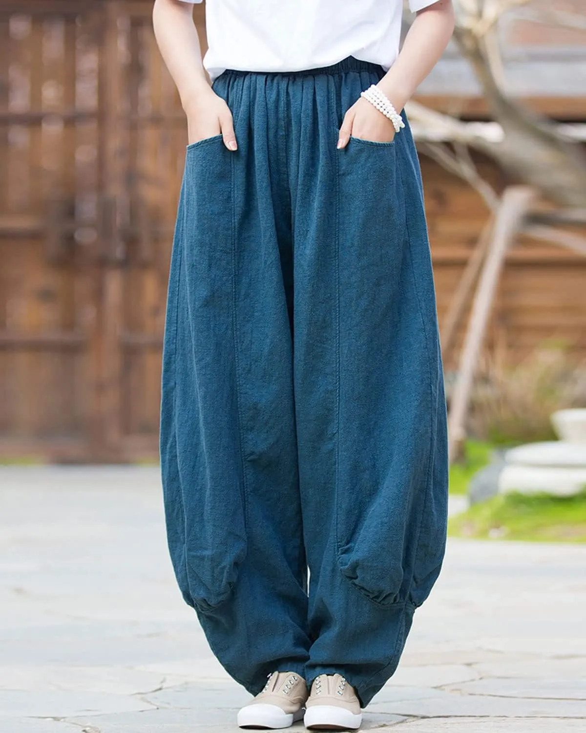 IXIMO Women's Linen Pants Elastic Waist Patchwork Relax Ankle Trousers Front Pockets Army Green S