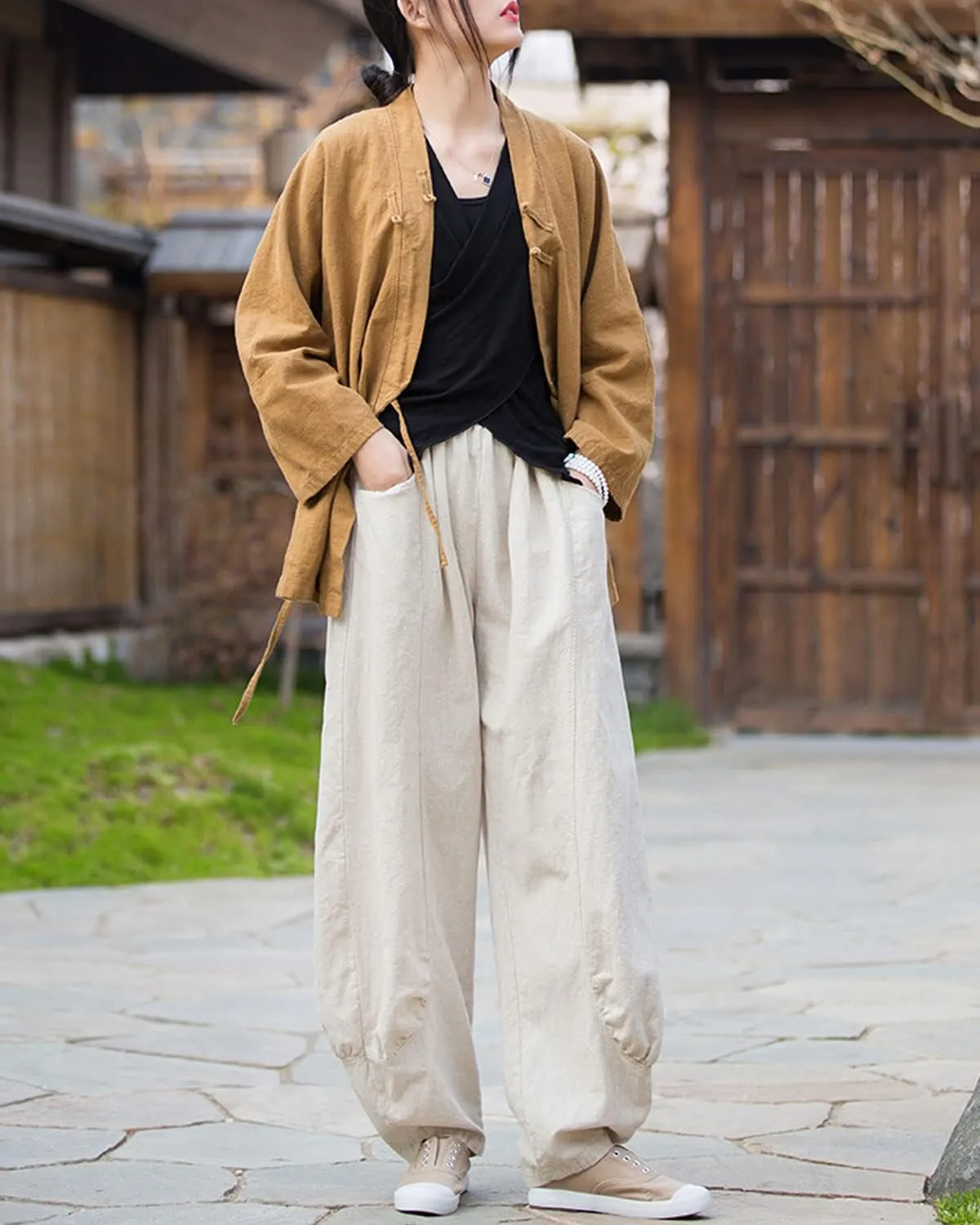 IXIMO Women's Linen Pants Elastic Waist Patchwork Relax Ankle Trousers Front Pockets Army Green S