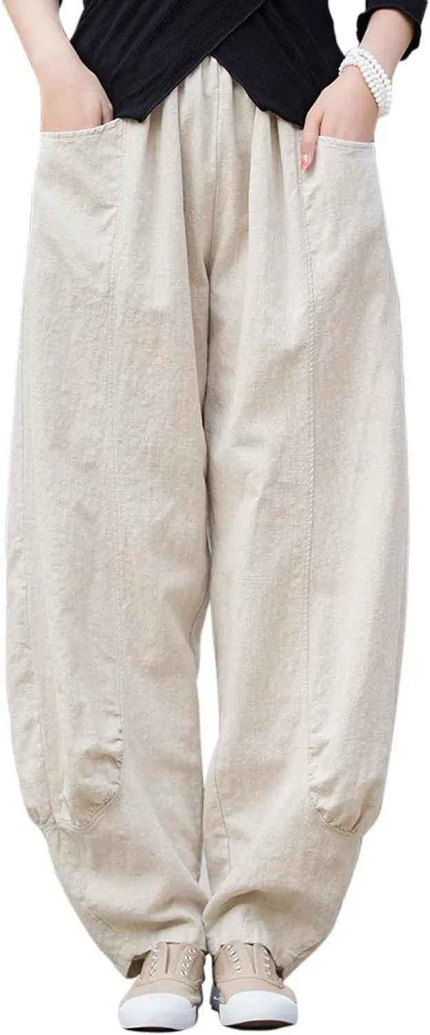 IXIMO Women's Linen Pants Elastic Waist Patchwork Relax Ankle Trousers Front Pockets Army Green S