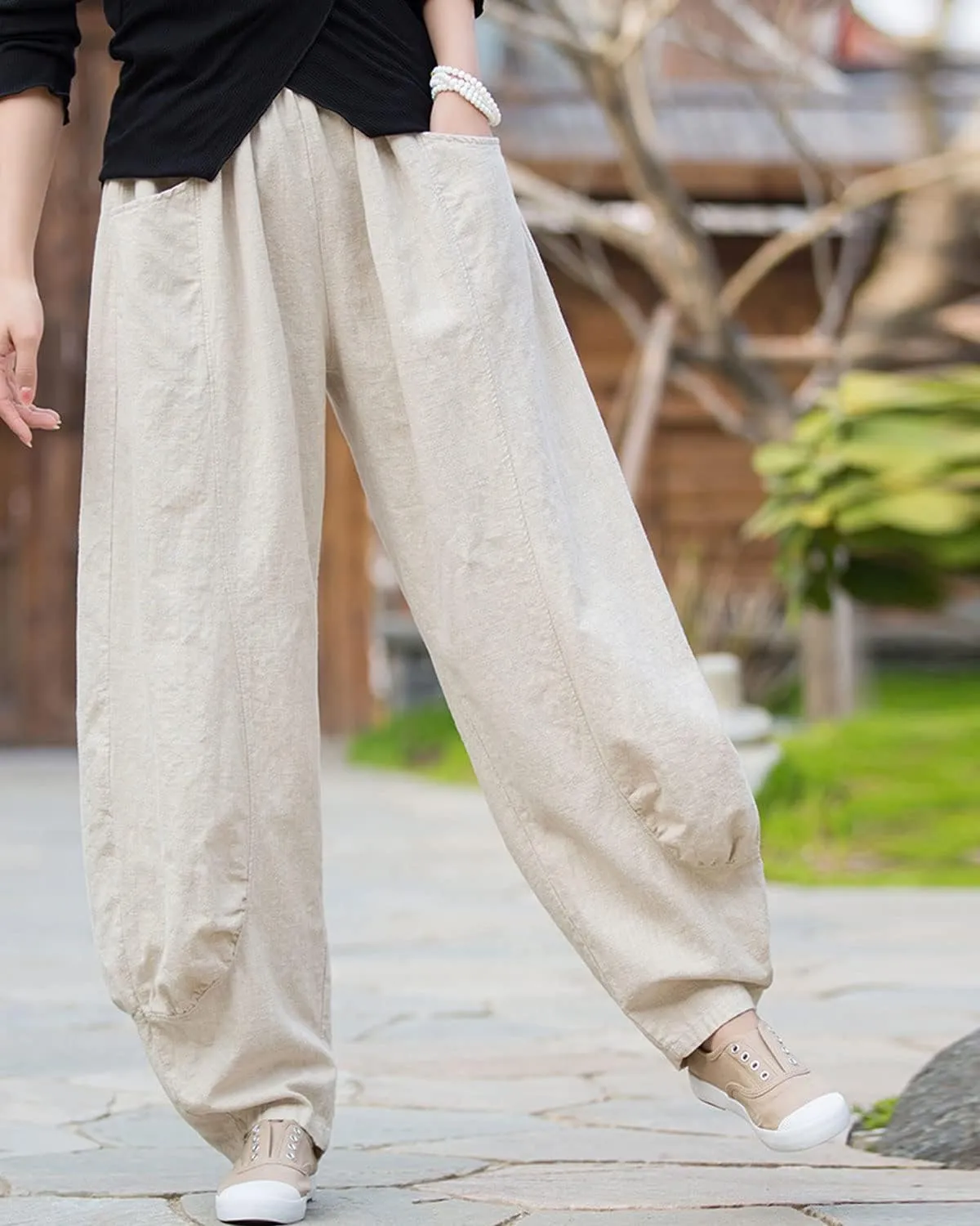 IXIMO Women's Linen Pants Elastic Waist Patchwork Relax Ankle Trousers Front Pockets Army Green S