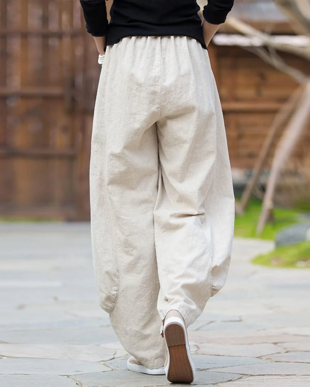 IXIMO Women's Linen Pants Elastic Waist Patchwork Relax Ankle Trousers Front Pockets Army Green S