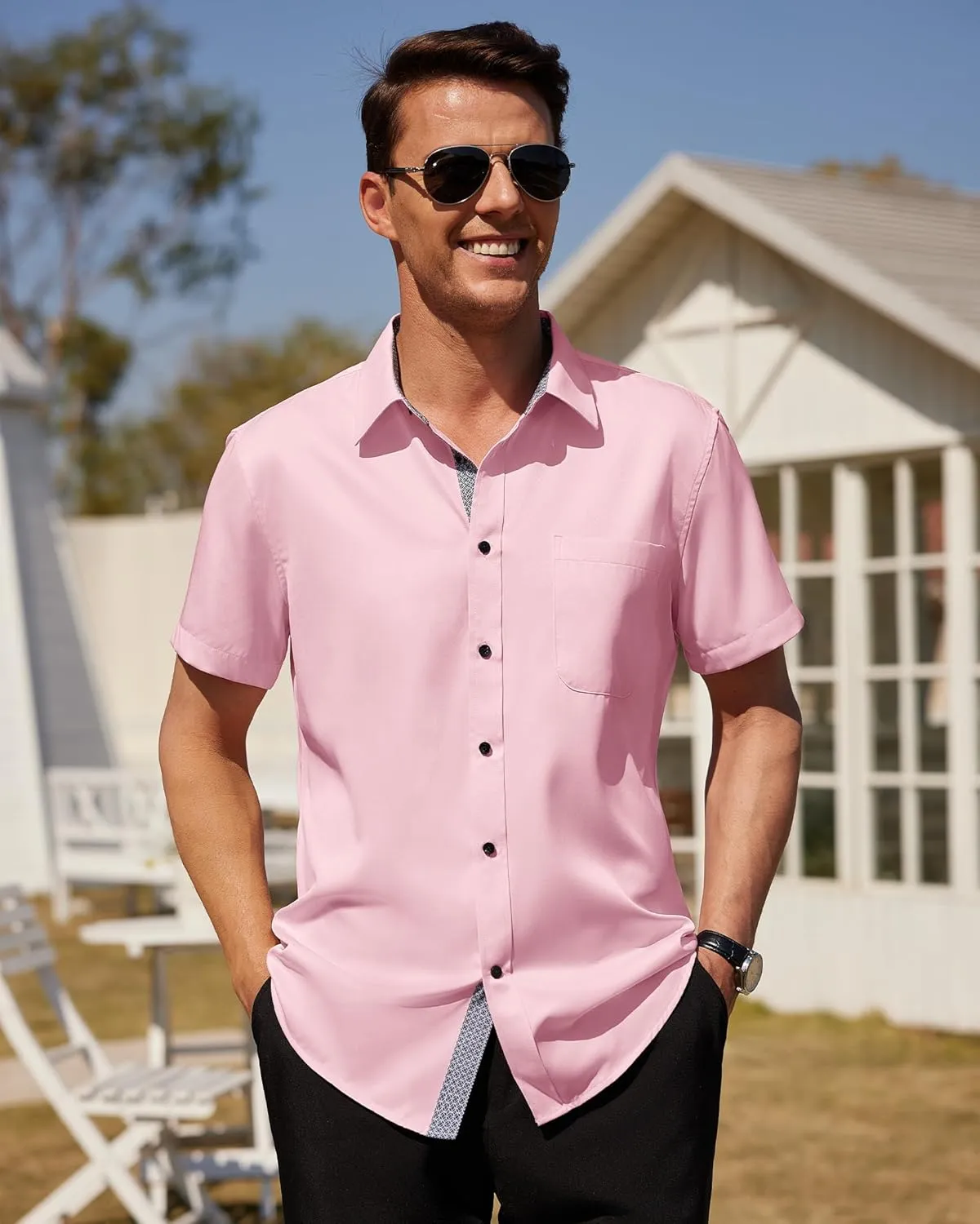 J.VER Men's Short Sleeve Dress Shirts Stretch Wrinkle Free Casual Button Down Shirts with Pocket for Business Wedding