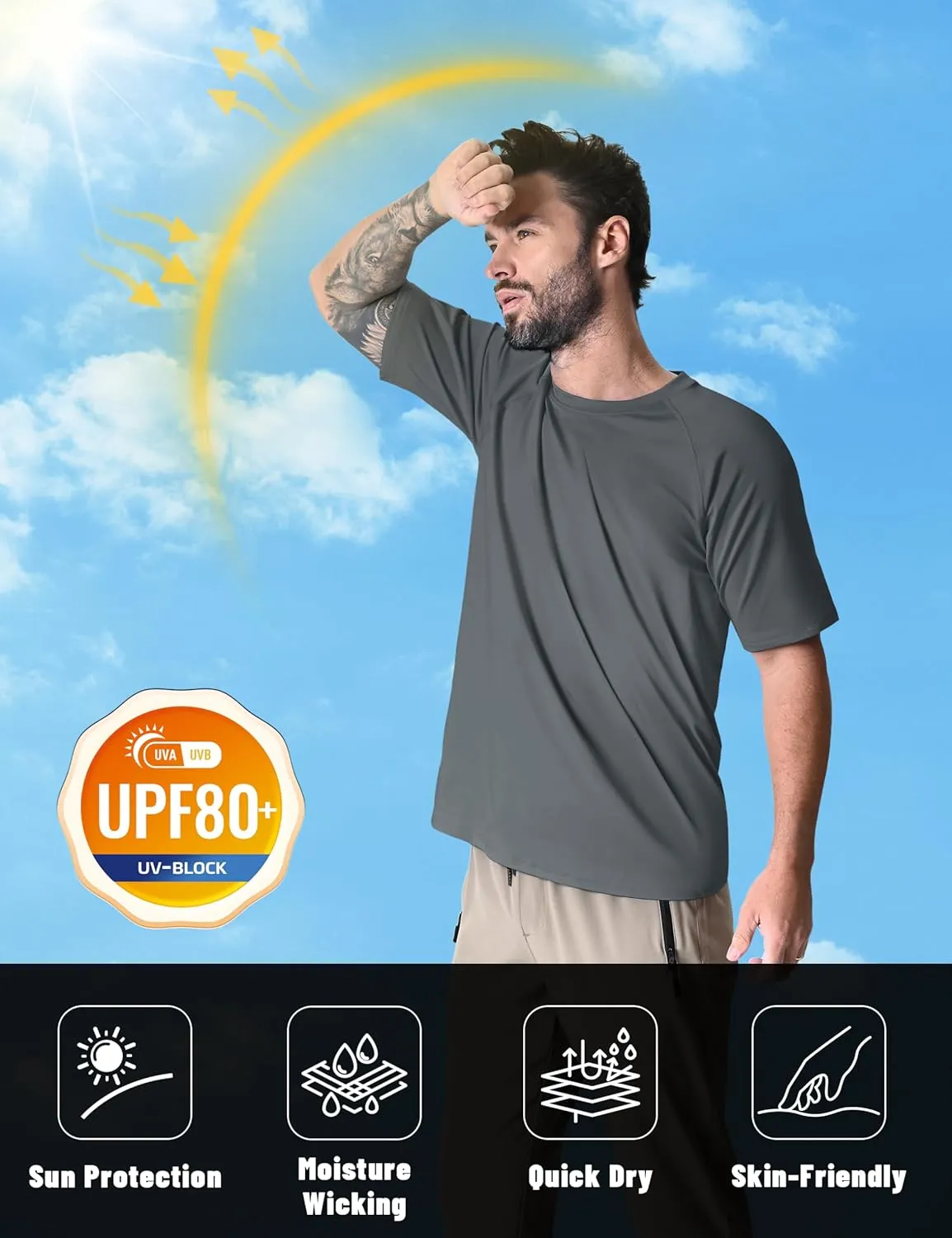 KEFITEVD Men's Short Sleeve UPF 80  Sun Protection Shirts UV SPF Quick Dry Rash Guard Swim Shirts Workout Athletic Tees