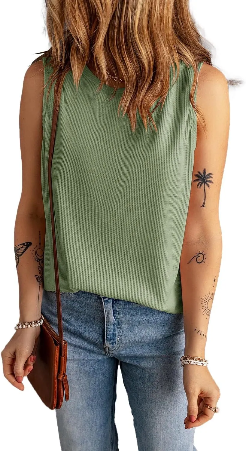 KINLONSAIR Women's Loose Fit Sleeveless Waffle Tank Tops Casual Crew Neck Knitted Tees