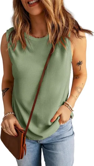 KINLONSAIR Women's Loose Fit Sleeveless Waffle Tank Tops Casual Crew Neck Knitted Tees