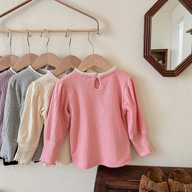 Lace Collar High Stretch Ribbed Long Sleeve Top