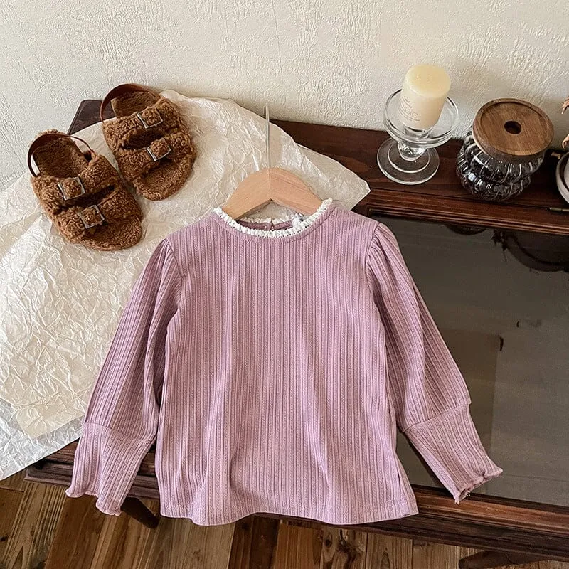 Lace Collar High Stretch Ribbed Long Sleeve Top