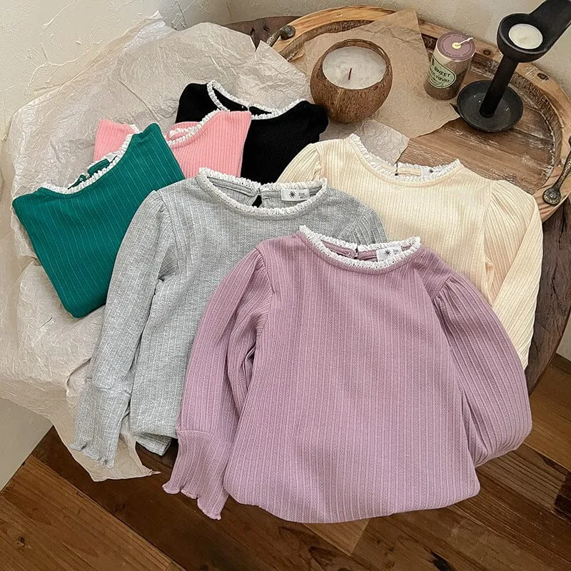 Lace Collar High Stretch Ribbed Long Sleeve Top