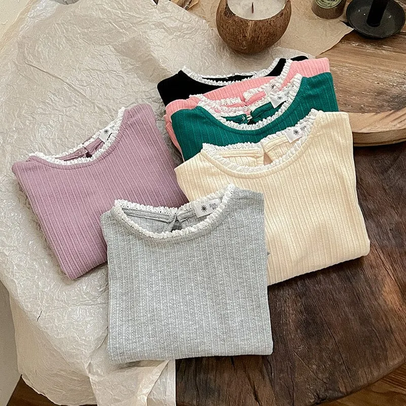 Lace Collar High Stretch Ribbed Long Sleeve Top