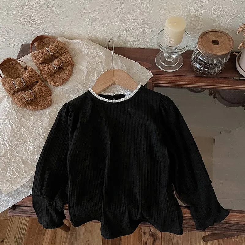 Lace Collar High Stretch Ribbed Long Sleeve Top