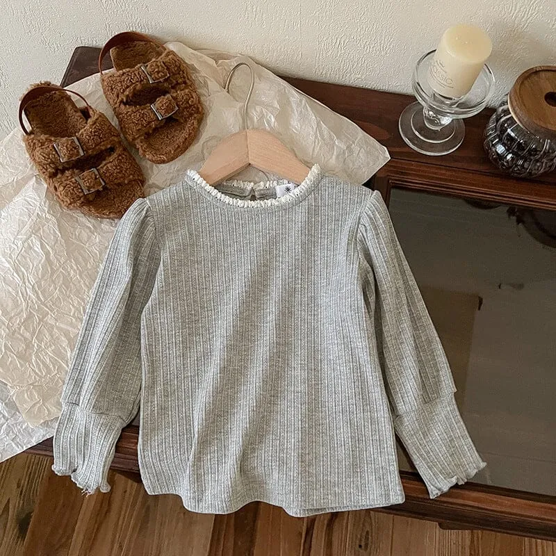 Lace Collar High Stretch Ribbed Long Sleeve Top