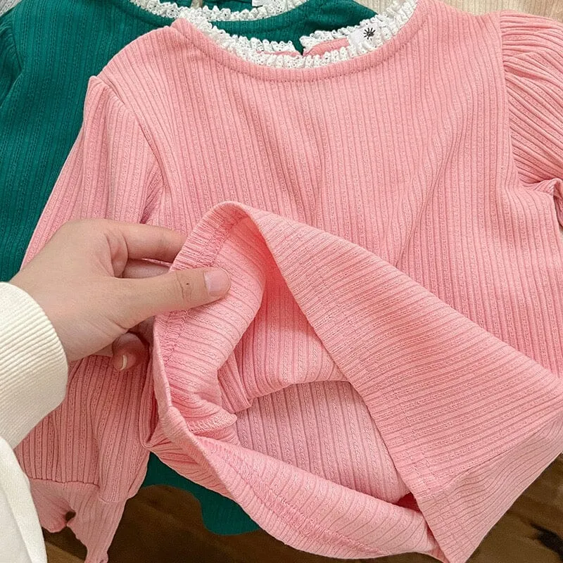 Lace Collar High Stretch Ribbed Long Sleeve Top