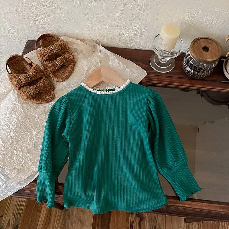 Lace Collar High Stretch Ribbed Long Sleeve Top