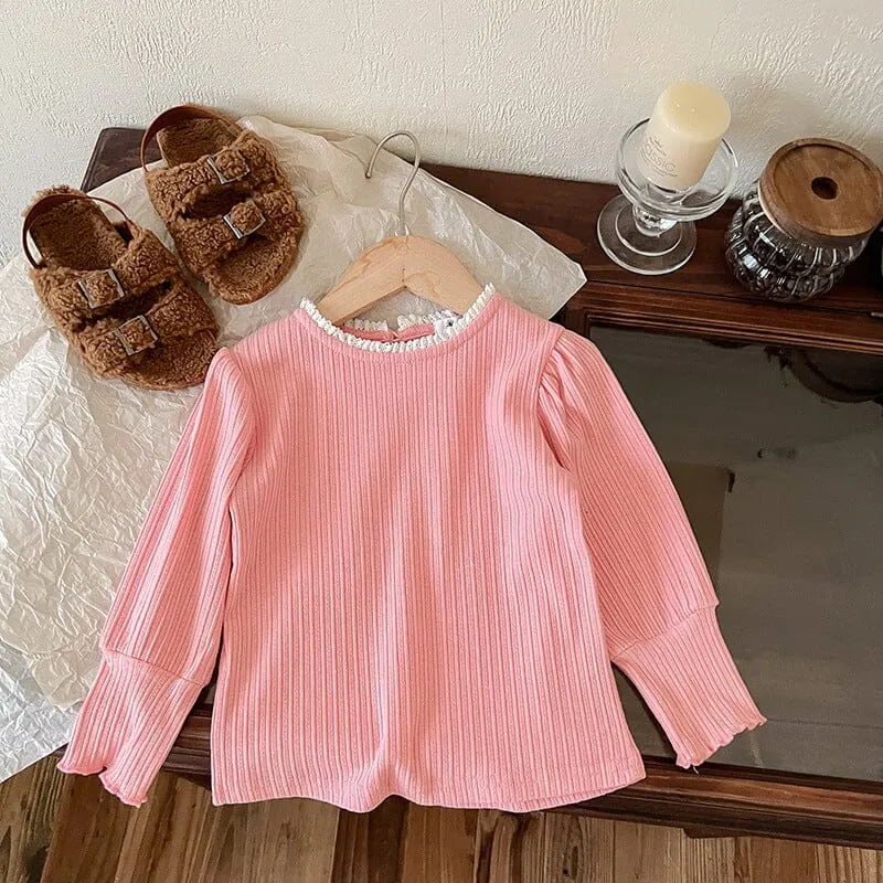 Lace Collar High Stretch Ribbed Long Sleeve Top