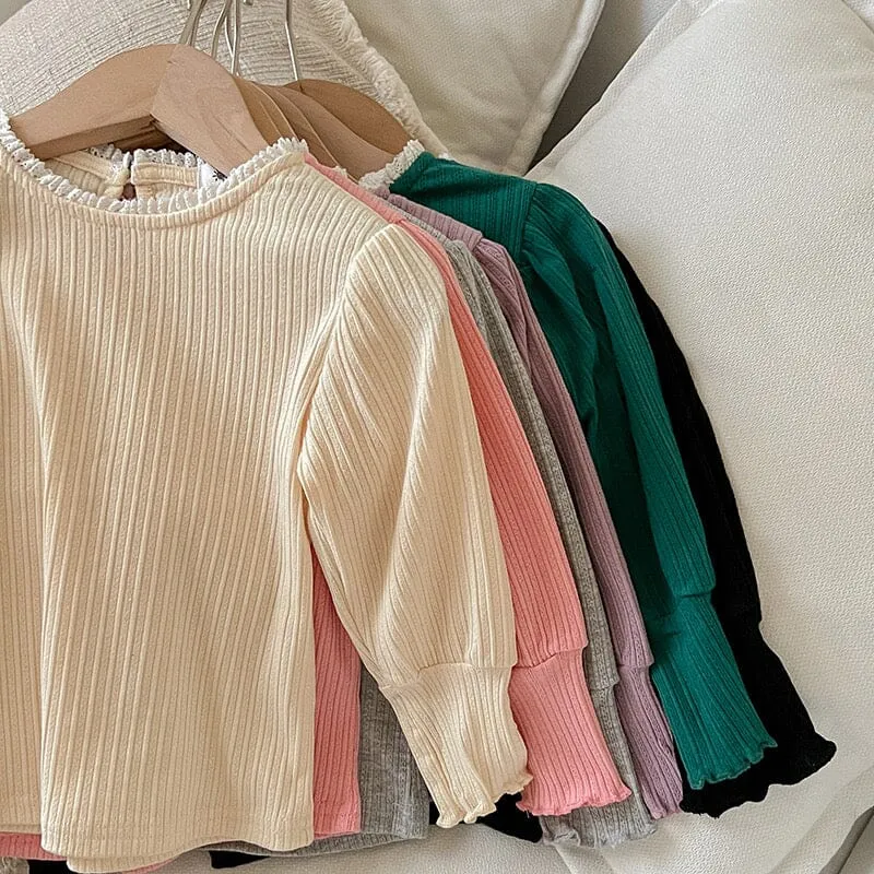 Lace Collar High Stretch Ribbed Long Sleeve Top
