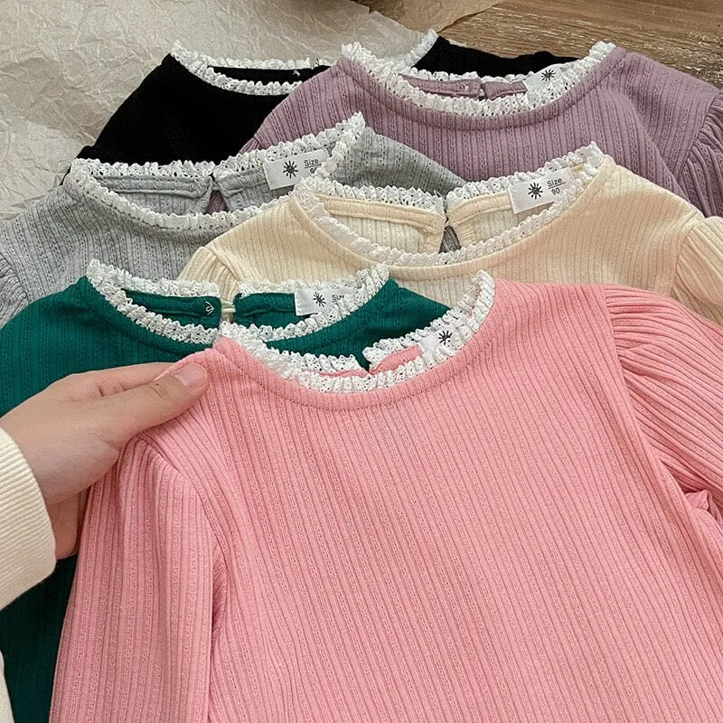 Lace Collar High Stretch Ribbed Long Sleeve Top