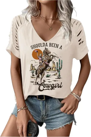 LANMERTREE Cut Out V Neck T Shirts Nashville Outfits for Women Casual Loose Shirt Country Music Graphic Tee Shirts