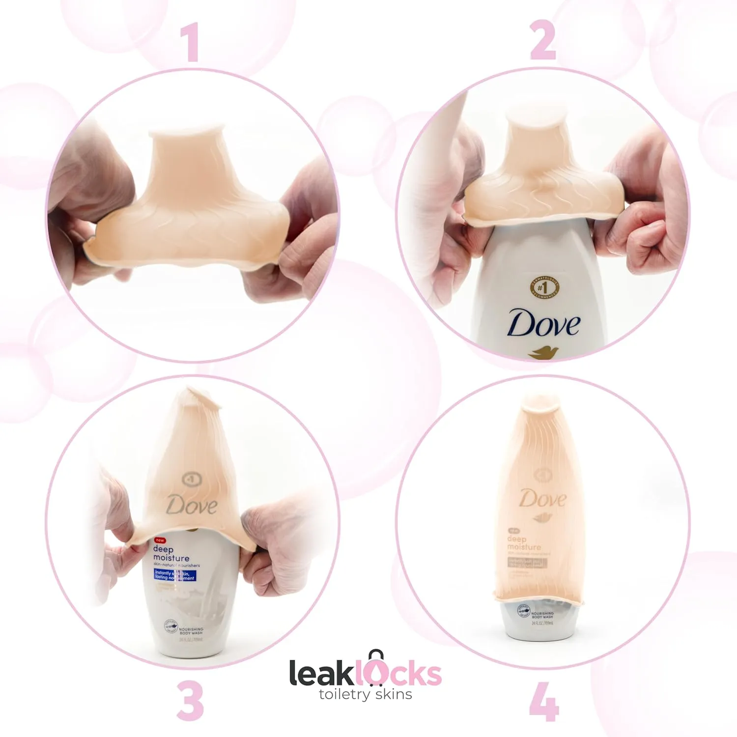 LeakLocks Toiletry Skins 4-Pack w/Travel Bag. Elastic Sleeve for Leak-Proofing Travel Container in Luggage. Fits Standard/Travel Sized Toiletries. Reusable Accessory for Travel Bag Suitcase/Carry-on