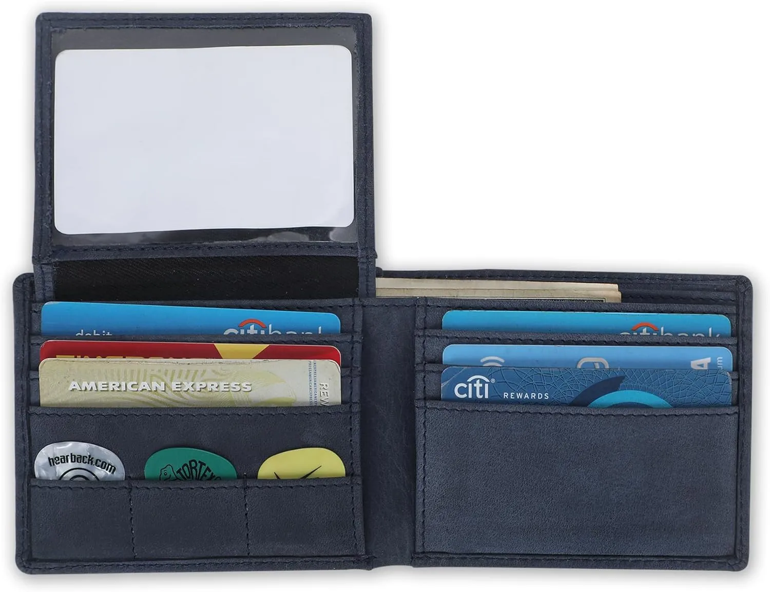 Leather Passcase Wallet for Men with Guitar Pick Holder, RFID Blocking Slim Bifold Leather Purse with Dual ID Windows, Compact Travel Accessory for Spring Gifting (Pass Case Wallet, Blue)