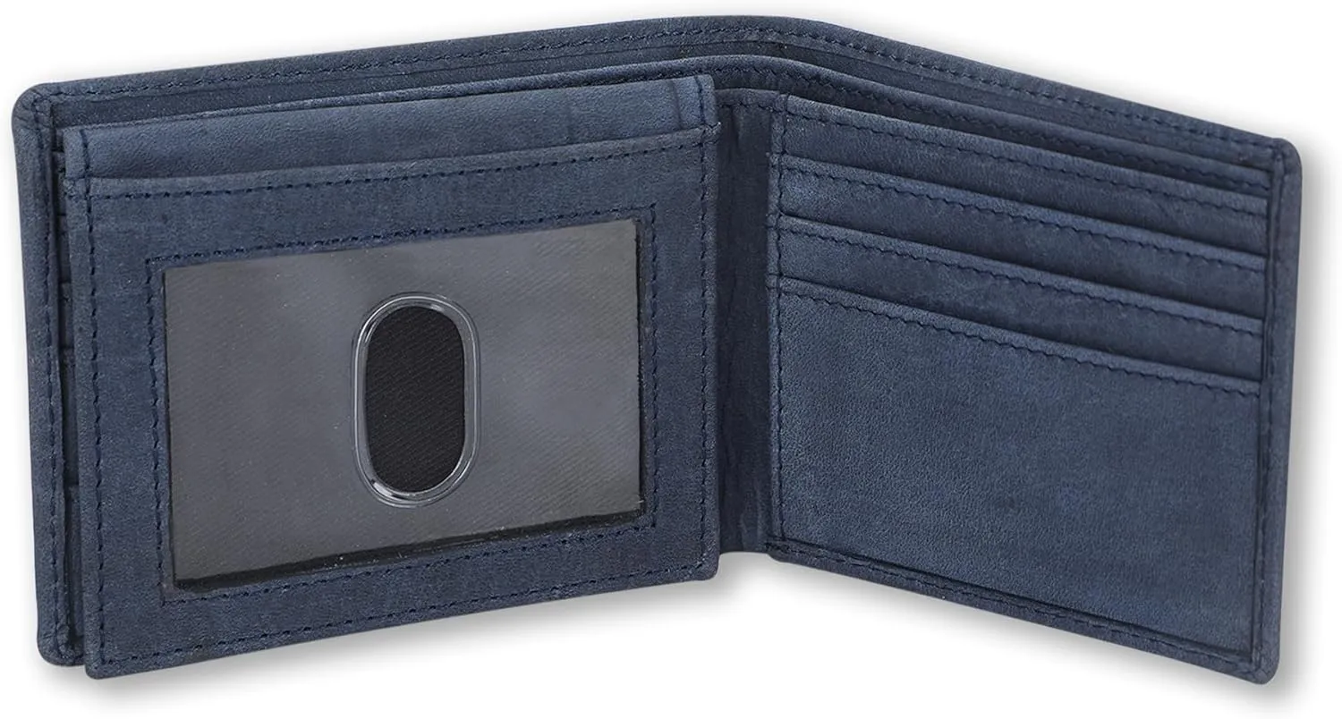 Leather Passcase Wallet for Men with Guitar Pick Holder, RFID Blocking Slim Bifold Leather Purse with Dual ID Windows, Compact Travel Accessory for Spring Gifting (Pass Case Wallet, Blue)