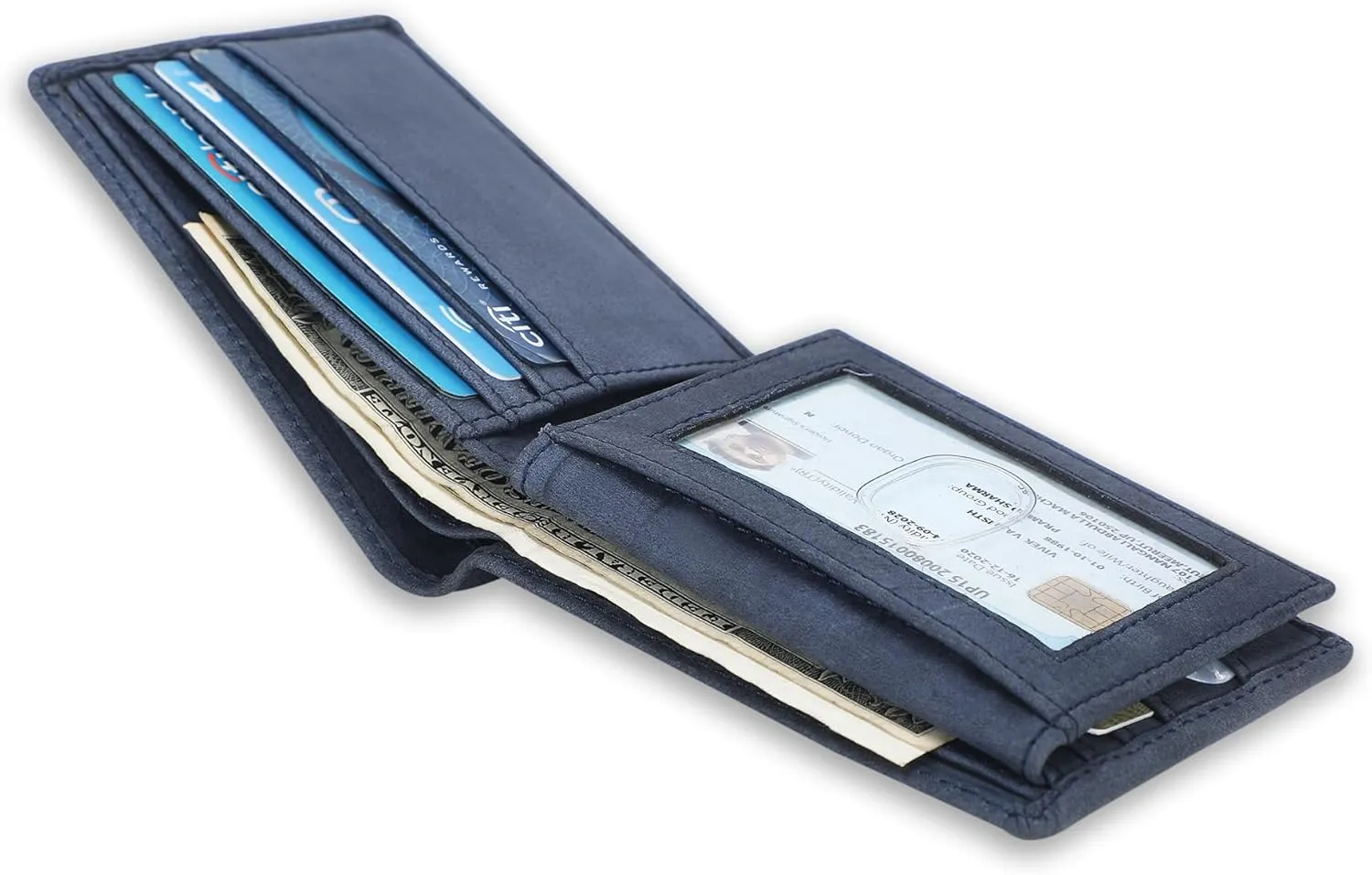 Leather Passcase Wallet for Men with Guitar Pick Holder, RFID Blocking Slim Bifold Leather Purse with Dual ID Windows, Compact Travel Accessory for Spring Gifting (Pass Case Wallet, Blue)