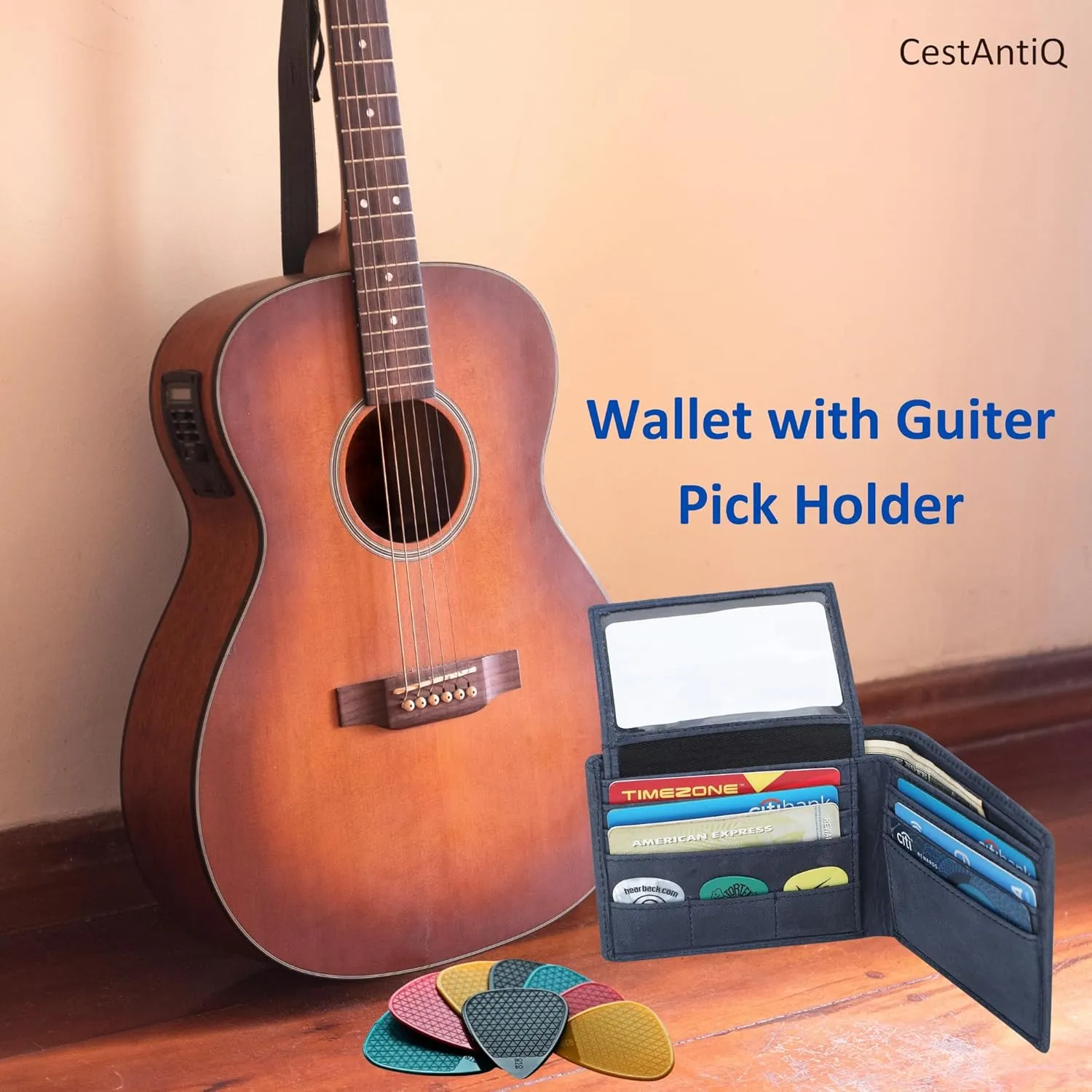 Leather Passcase Wallet for Men with Guitar Pick Holder, RFID Blocking Slim Bifold Leather Purse with Dual ID Windows, Compact Travel Accessory for Spring Gifting (Pass Case Wallet, Blue)