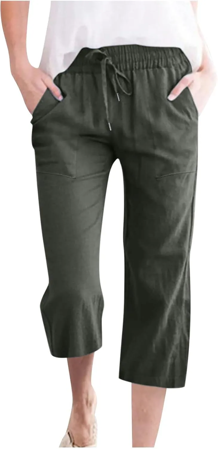 Linen Capri Pants for Women Casual 2025 Summer Drawstring High Waist Lounge Trouser with Pocket Plus Size Resort Wear