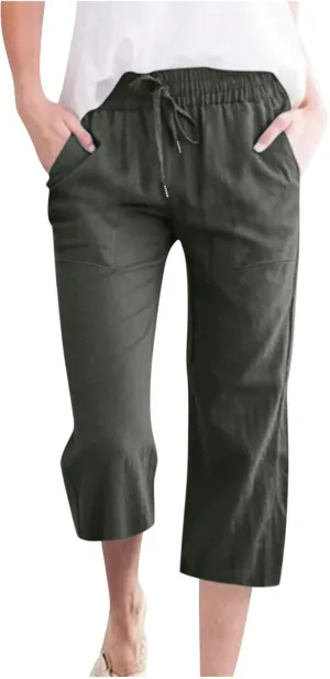 Linen Capri Pants for Women Casual 2025 Summer Drawstring High Waist Lounge Trouser with Pocket Plus Size Resort Wear
