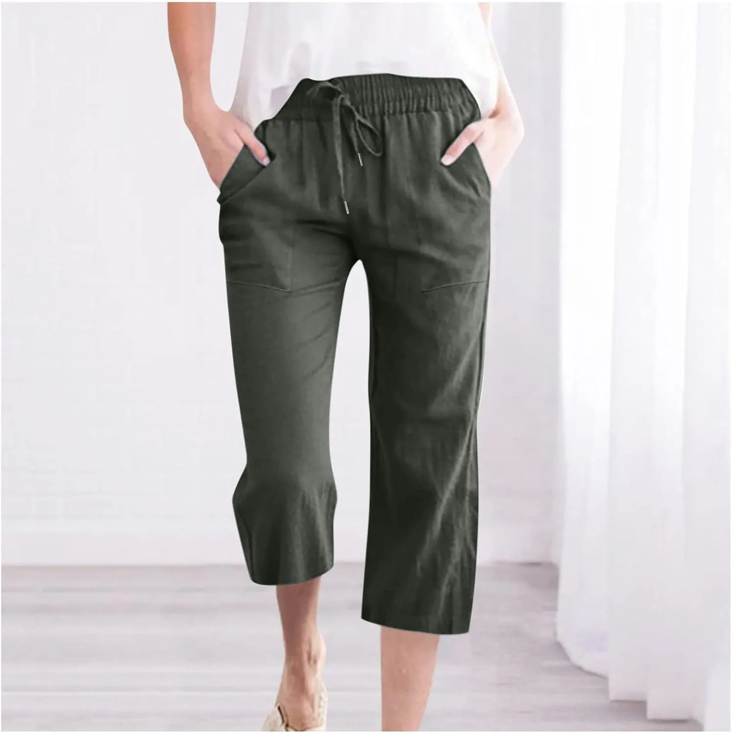 Linen Capri Pants for Women Casual 2025 Summer Drawstring High Waist Lounge Trouser with Pocket Plus Size Resort Wear