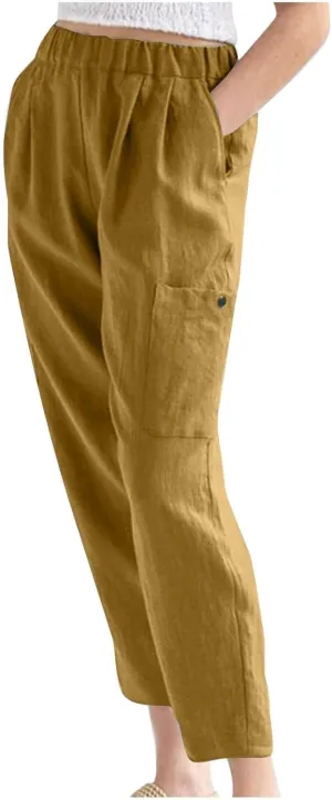 Linen Pants Women Elastic Waist Capris Lightweight Pant Striped Cropped Button Pant Lace Side Trousers Resort Wear