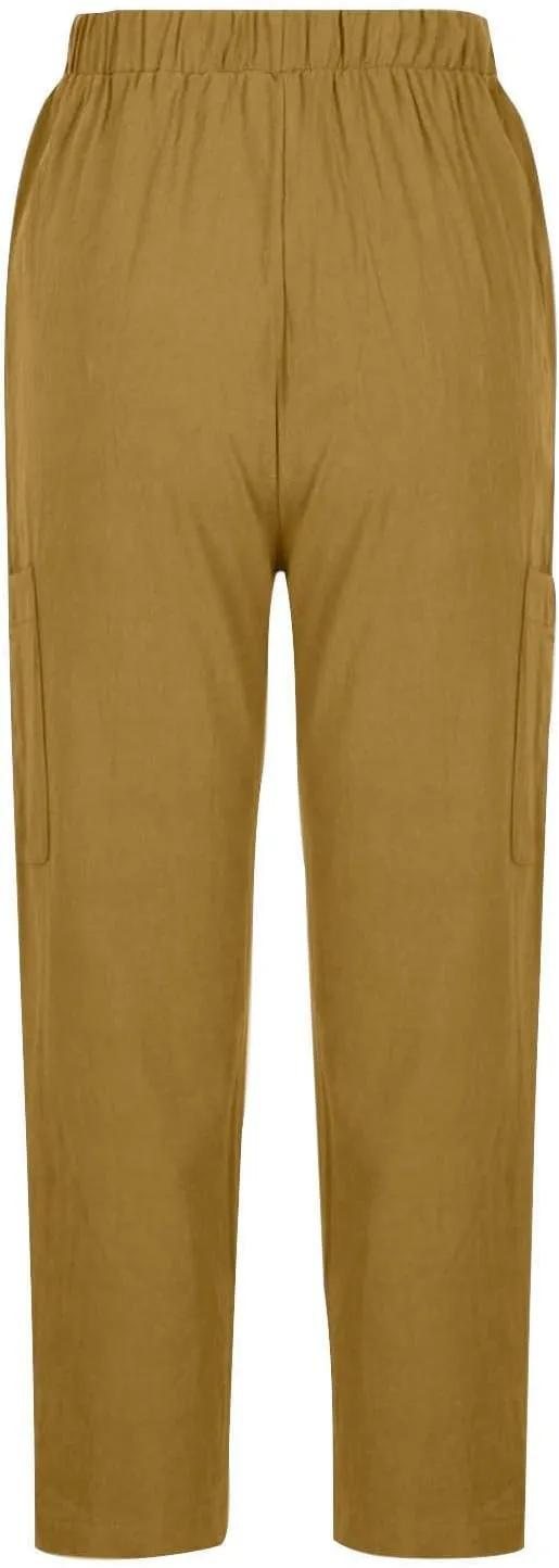 Linen Pants Women Elastic Waist Capris Lightweight Pant Striped Cropped Button Pant Lace Side Trousers Resort Wear