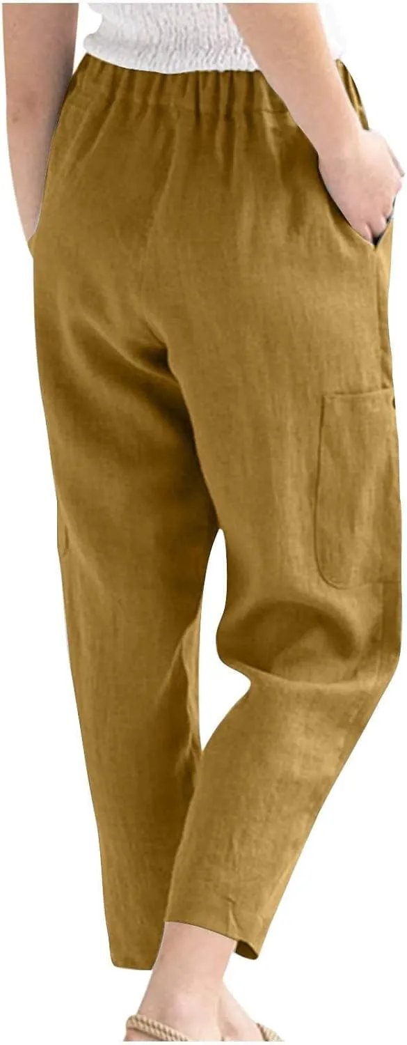 Linen Pants Women Elastic Waist Capris Lightweight Pant Striped Cropped Button Pant Lace Side Trousers Resort Wear