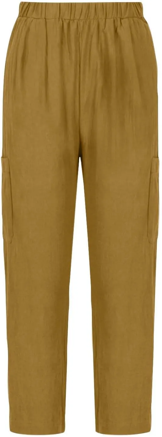 Linen Pants Women Elastic Waist Capris Lightweight Pant Striped Cropped Button Pant Lace Side Trousers Resort Wear