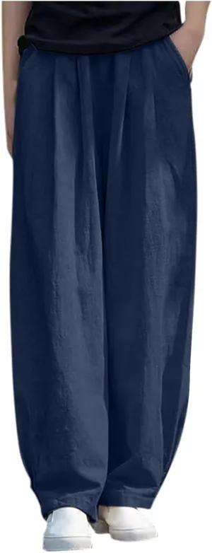Linen Pants Women High Waist Drawstring Casual Palazzo Pant Wide Leg Side Slit Pant Loose Beach Cropped Trouser