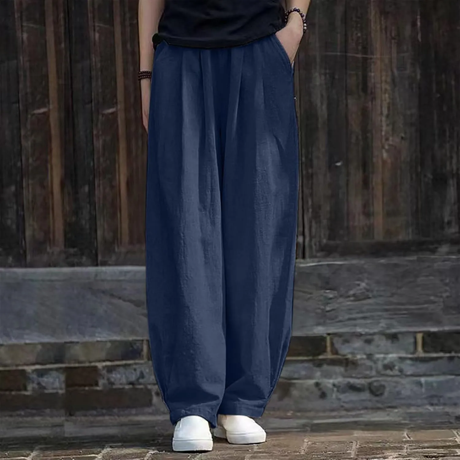Linen Pants Women High Waist Drawstring Casual Palazzo Pant Wide Leg Side Slit Pant Loose Beach Cropped Trouser
