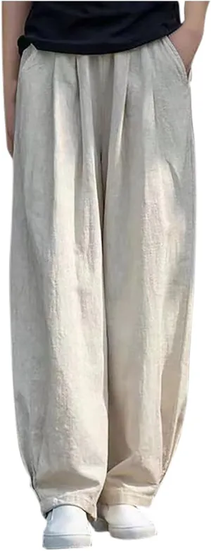 Linen Pants Women High Waist Drawstring Casual Palazzo Pant Wide Leg Side Slit Pant Loose Beach Cropped Trouser