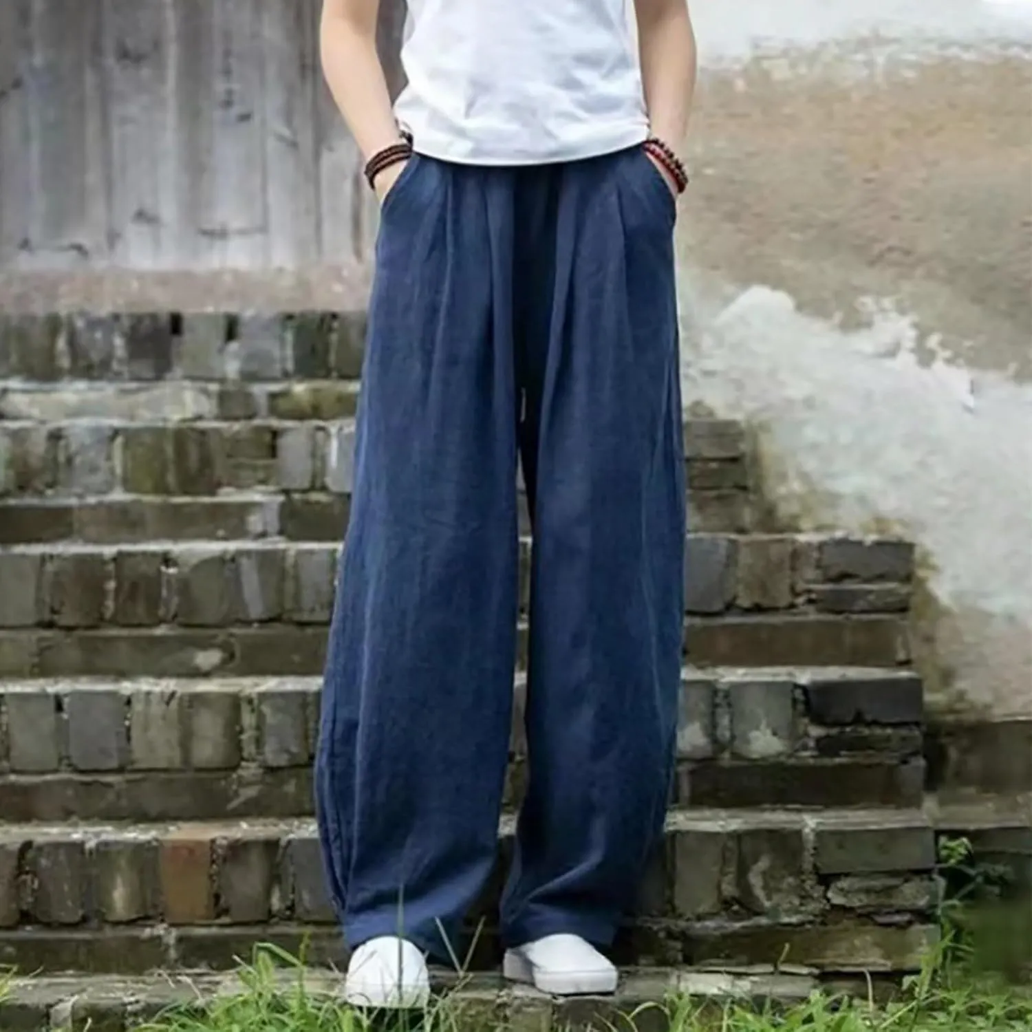 Linen Pants Women High Waist Drawstring Casual Palazzo Pant Wide Leg Side Slit Pant Loose Beach Cropped Trouser