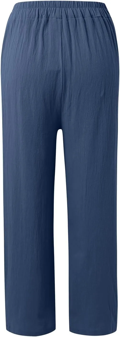 Linen Pants Women High Waist Drawstring Casual Palazzo Pant Wide Leg Side Slit Pant Loose Beach Cropped Trouser