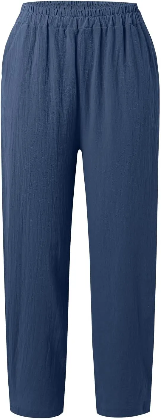 Linen Pants Women High Waist Drawstring Casual Palazzo Pant Wide Leg Side Slit Pant Loose Beach Cropped Trouser