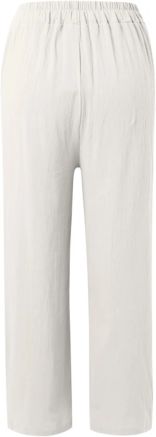Linen Pants Women High Waist Drawstring Casual Palazzo Pant Wide Leg Side Slit Pant Loose Beach Cropped Trouser