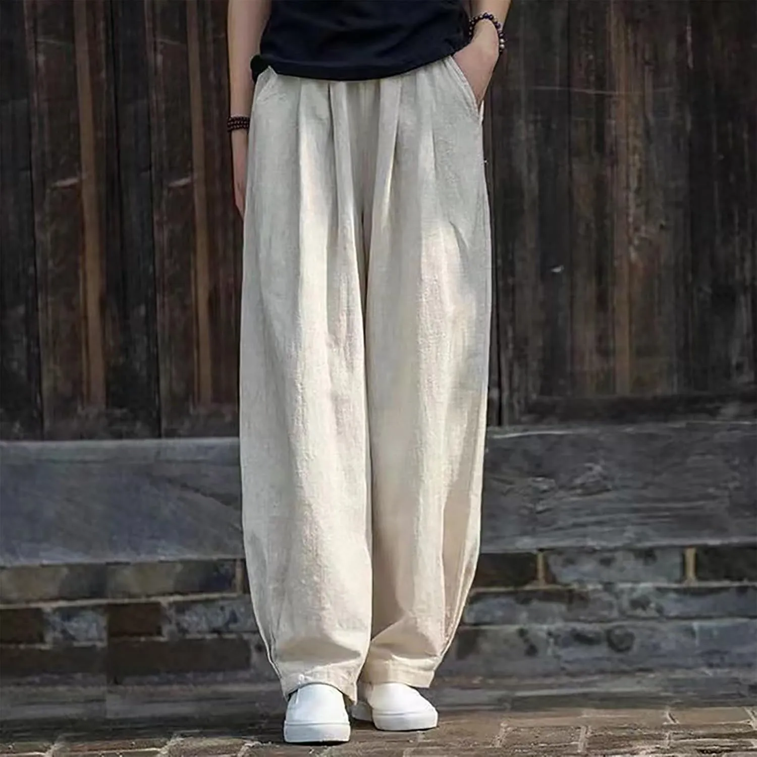 Linen Pants Women High Waist Drawstring Casual Palazzo Pant Wide Leg Side Slit Pant Loose Beach Cropped Trouser