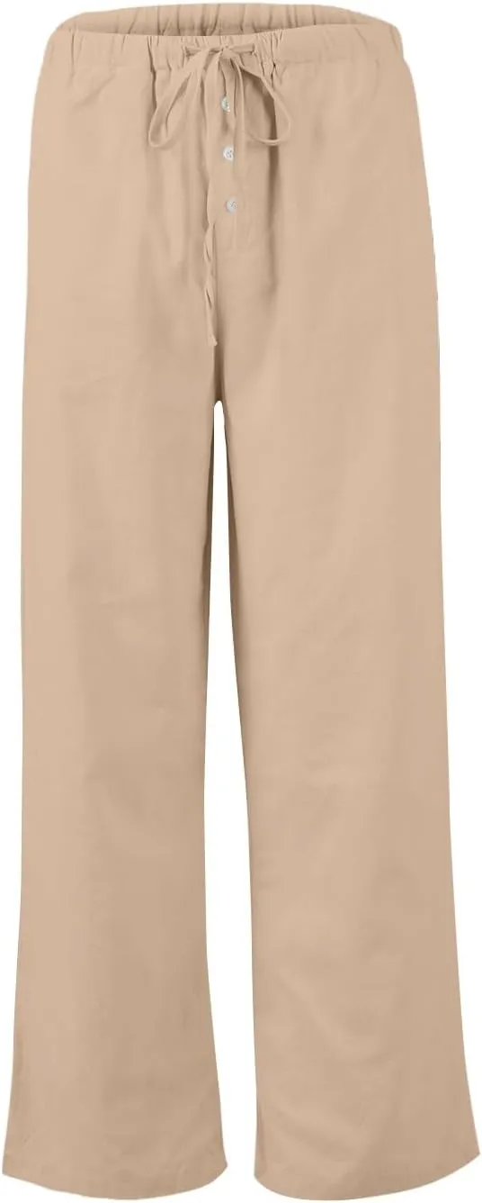 Linen Wide Leg Pants for Women Casual High Waisted Loose Fit Palazzo Pants Summer Flowy Lounge Trousers with Pockets