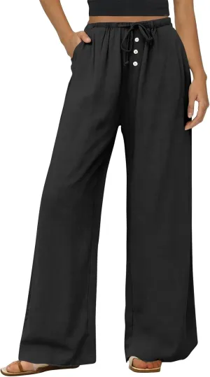 Linen Wide Leg Pants for Women Casual High Waisted Loose Fit Palazzo Pants Summer Flowy Lounge Trousers with Pockets