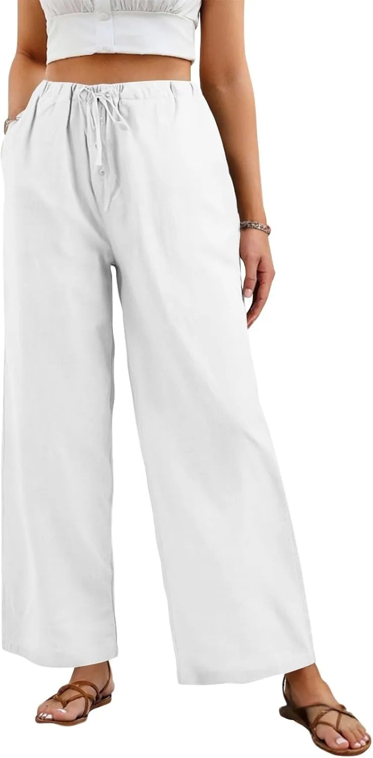 Linen Wide Leg Pants for Women Casual High Waisted Loose Fit Palazzo Pants Summer Flowy Lounge Trousers with Pockets