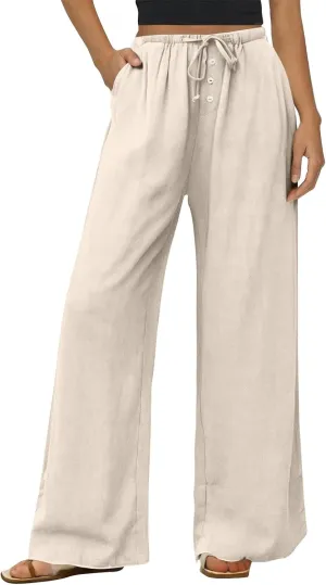 Linen Wide Leg Pants for Women Casual High Waisted Loose Fit Palazzo Pants Summer Flowy Lounge Trousers with Pockets