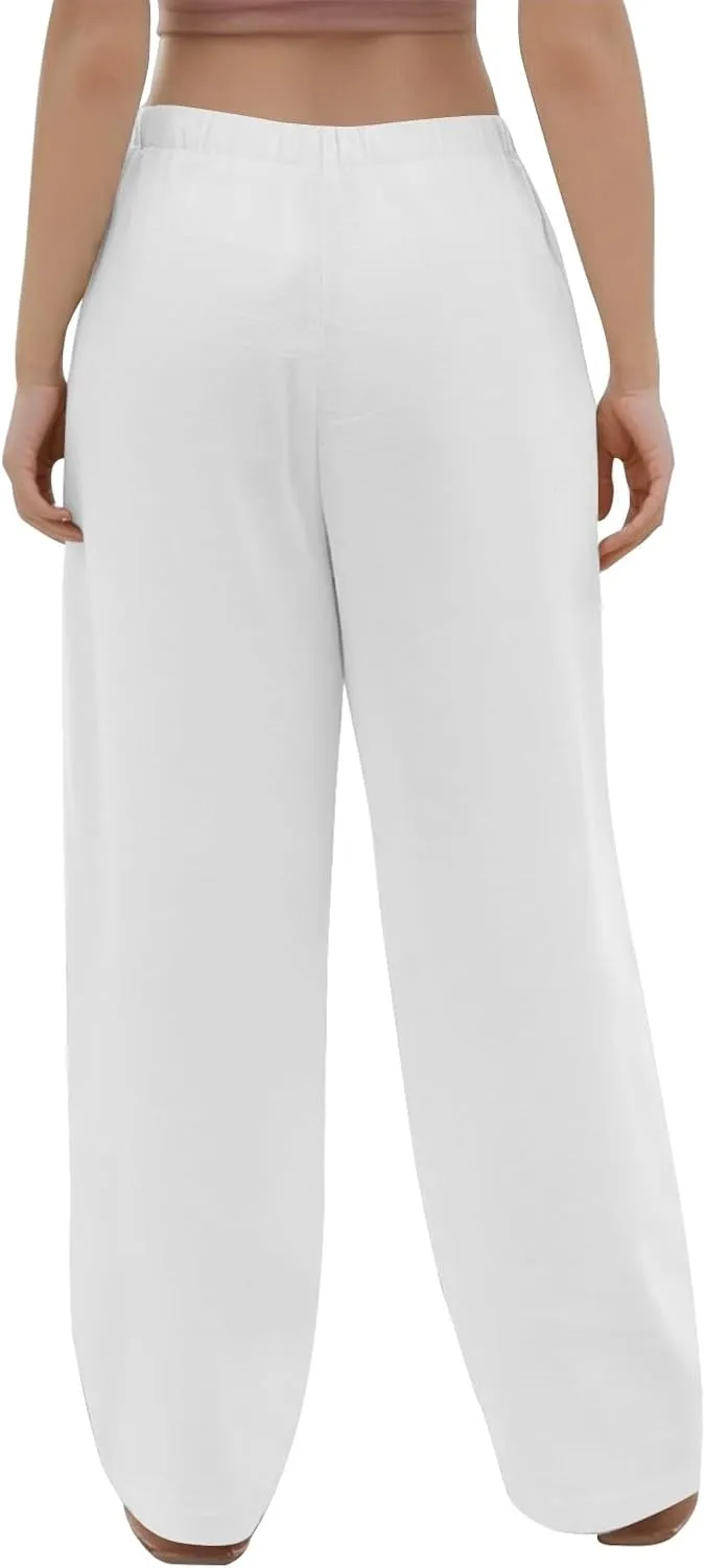 Linen Wide Leg Pants for Women Casual High Waisted Loose Fit Palazzo Pants Summer Flowy Lounge Trousers with Pockets