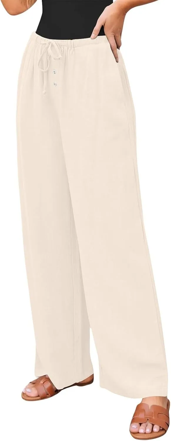 Linen Wide Leg Pants for Women Casual High Waisted Loose Fit Palazzo Pants Summer Flowy Lounge Trousers with Pockets