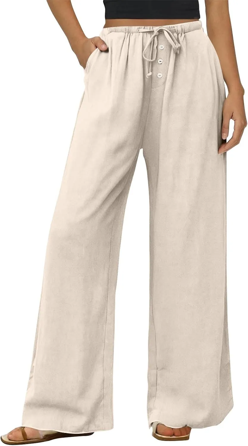 Linen Wide Leg Pants for Women Casual High Waisted Loose Fit Palazzo Pants Summer Flowy Lounge Trousers with Pockets