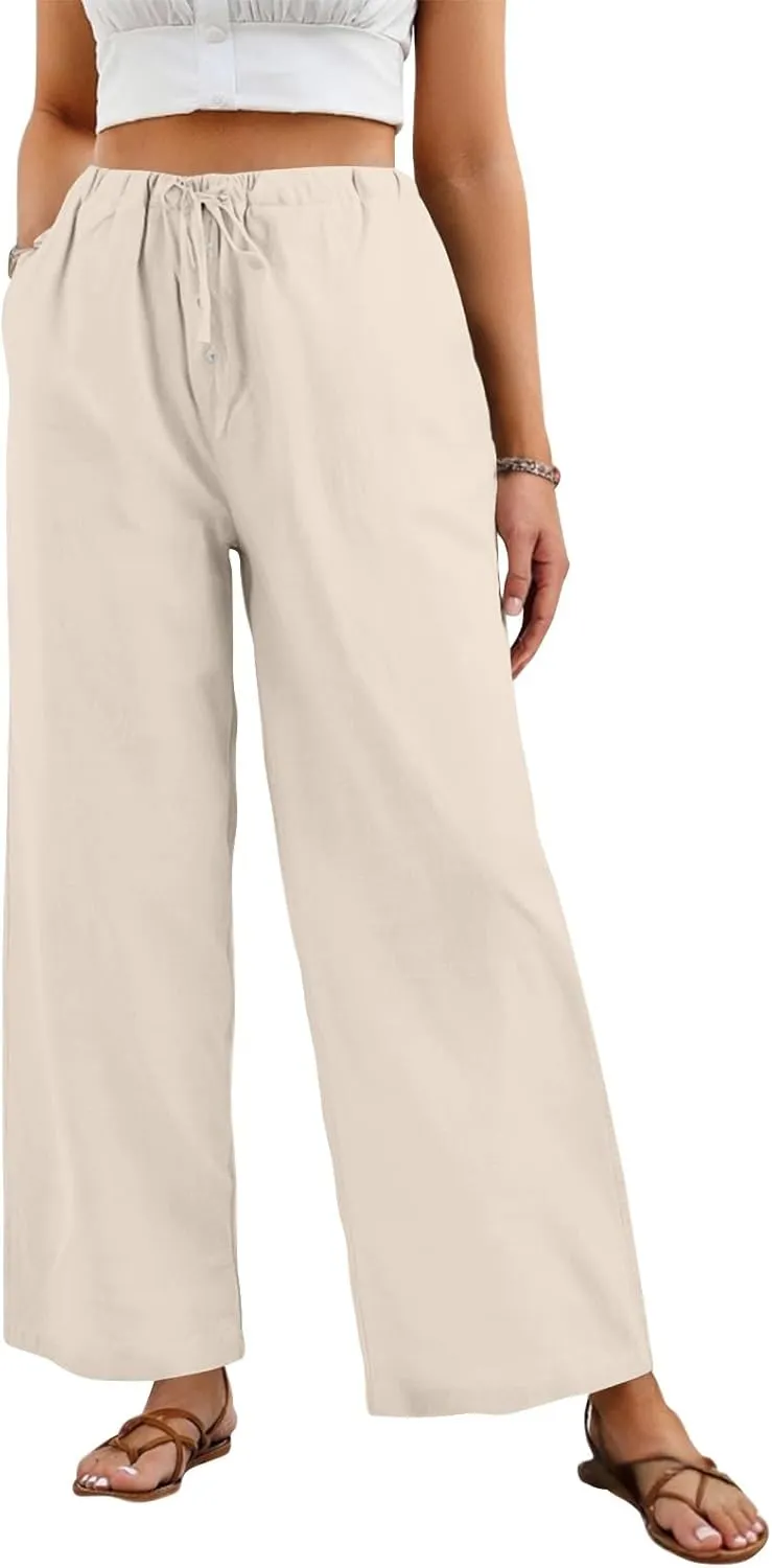 Linen Wide Leg Pants for Women Casual High Waisted Loose Fit Palazzo Pants Summer Flowy Lounge Trousers with Pockets